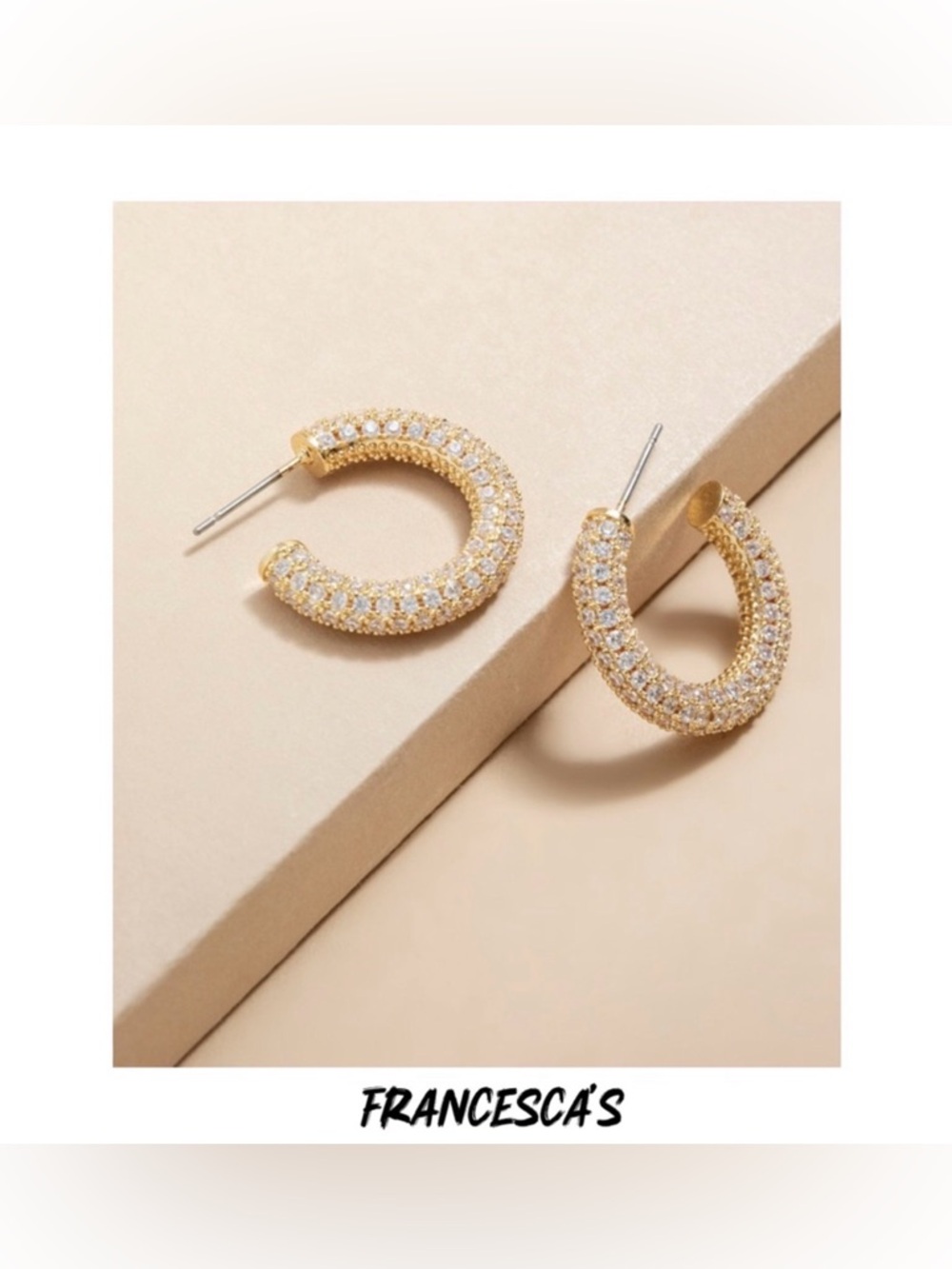 New Francesca’s Samantha Pave Thick Hoop Gold Tone Elegant Earrings - Picture 1 of 6